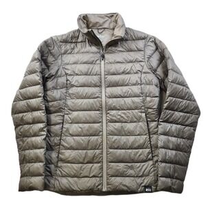 REI Co-Op  650 Down Puffer Jacket Womens Medium Taupe Silver Quilted Zip